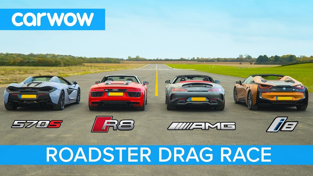 AMG GT C vs Audi R8 vs McLaren 570S vs BMW i8 - Roadsters ROOF, DRAG and ROLLING RACE! - YouTube