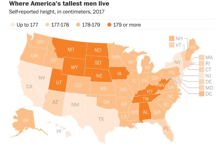 アメリカの州ごとのアメリカ人男性の平均身長