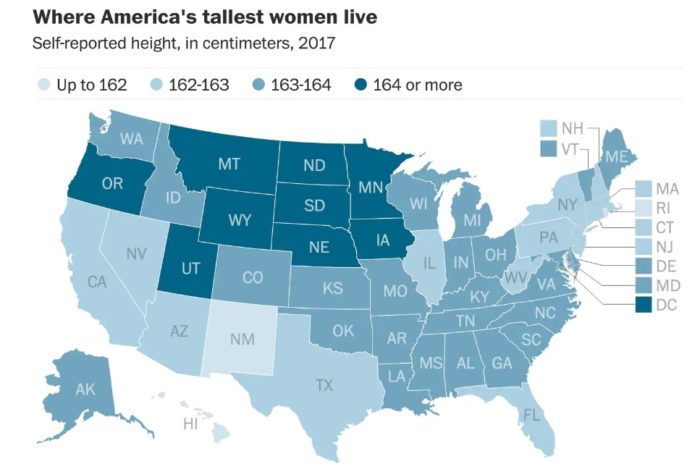 アメリカの州ごとのアメリカ人女性の平均身長