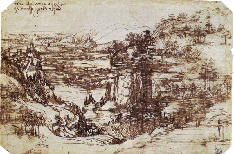 子供時代にレオナルド・ダ・ヴィンチが描いたヴィンチ村と思われるデッサン