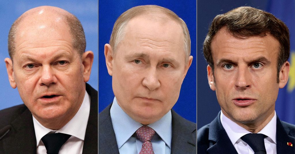 左からドイツのシュルツ首相、ロシアのプーチン大統領、フランスのマクロン大統領