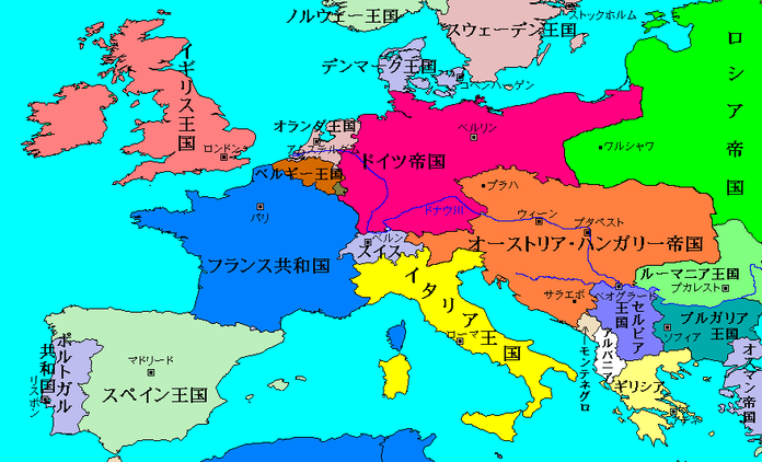 サラエボ事件の年（1914年）時点でのヨーロッパの地図