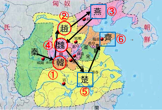 紀元前230年から前221年にかけて、「韓(かん)→趙(ちょう)→燕(えん)→魏(ぎ)→楚(そ)→斉(せい)」の順番で敵国を制圧