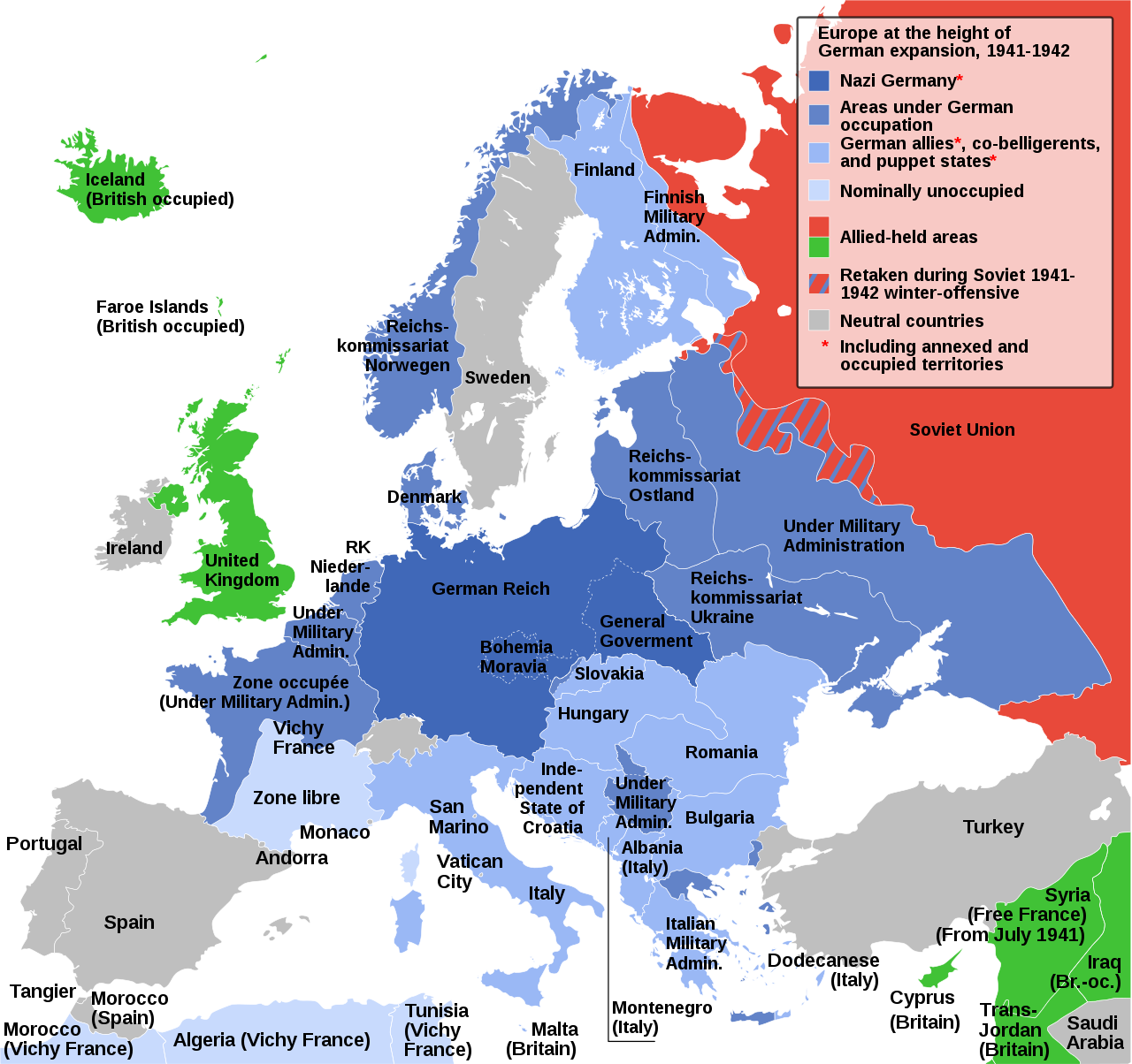 フランスなどを占領してイギリスとは互角、ヨーロッパの殆どを占めていたナチスドイツ